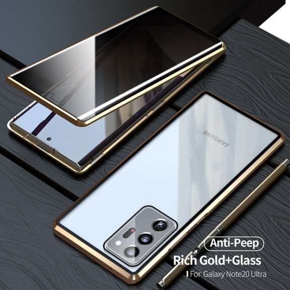 Dteck Magnetic Metal Anti-Peeping Case For Samsung Galaxy Note20 Ultra (6.9 inches) ,Privacy Anti-Spy Front Screen Protector Adsorption Back Tempered Glass Full Body Protective Case,Gold