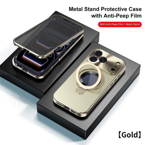 Dteck Magnetic Metal Case for iPhone 17 Pro Max,Shockproof Full Body Protective Case Compatible with Mag Safe Built-in Privacy Screen Protector with Ring Holder Stand Cover,Gold