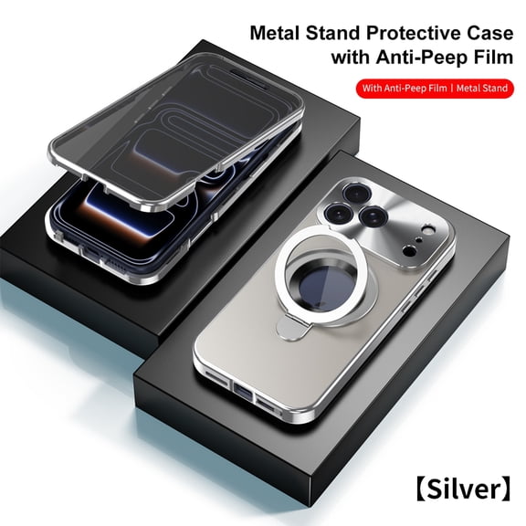 Dteck Magnetic Metal Case for iPhone 17 Pro Max,Shockproof Full Body Protective Case Compatible with Mag Safe Built-in Privacy Screen Protector with Ring Holder Stand Cover,Silver