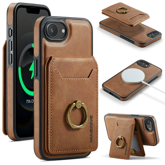 Dteck Magnetic PU Leather Case for iPhone 16E (2025), Compatible with MagSafe Accessory, Detachable Wallet RFID Blocking Card Holder Ring Stand Shockproof Protective Phone Case, Brown