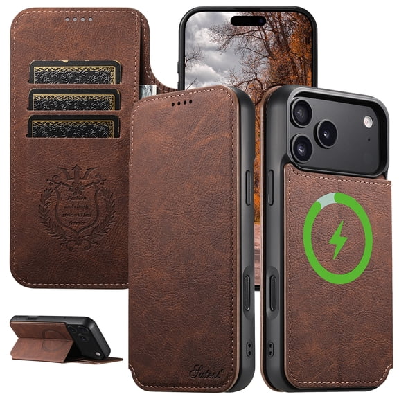 Dteck Magnetic PU Leather Wallet Case for iPhone 17 Pro Max, Shockproof PU Flip Cover with Card Holder Magnetic Closure Stand Function Case, Brown
