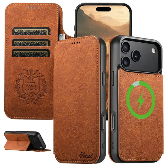 Dteck Magnetic PU Leather Wallet Case for iPhone 17 Pro Max, Shockproof PU Flip Cover with Card Holder Magnetic Closure Stand Function Case, Khaki