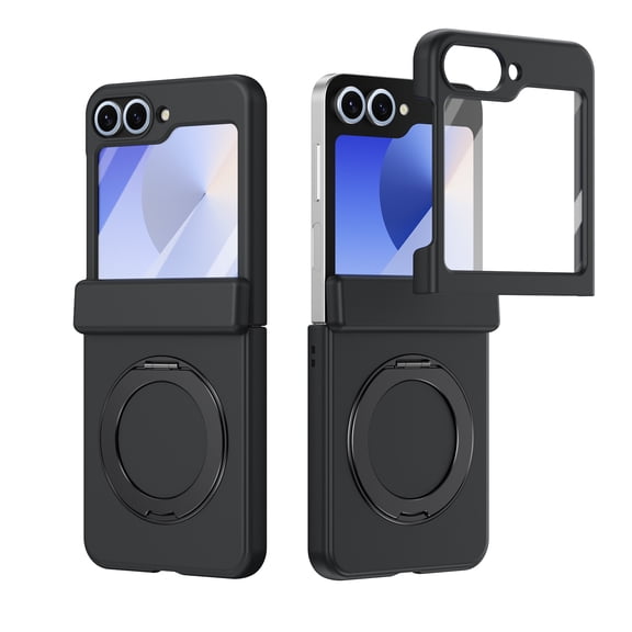 Dteck Magnetic Phone Case for Samsung Galaxy Z Flip 6, Hinge Protection with Built-in Screen Protector, 360° Rotating Kickstand,Black