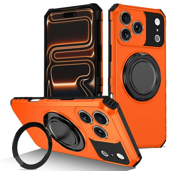 Dteck Magnetic Phone Case For iPhone 17 Pro with Metal Ring Stand, Heavy Duty Shockproof Silicone PC Protective Cover Compatible with MagSafe Charging, Orange