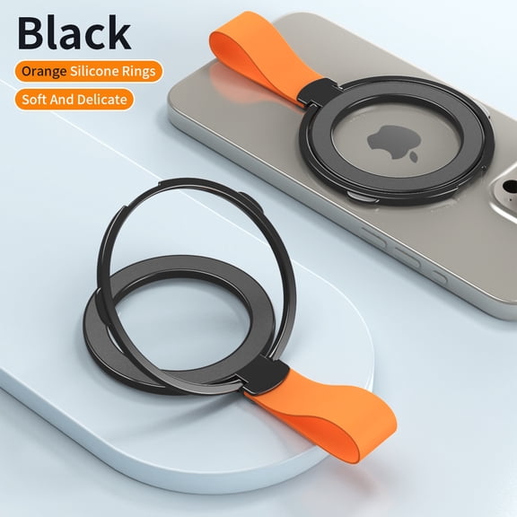Dteck Magnetic Phone Holder for MagSafe,Rotating Magnetic Phone Grip Holder Stand Finger Ring Kickstand with Silicone Loop Strap Compatible with iPhone 15 14 13 12,MagSafe Accessories,Black Orange