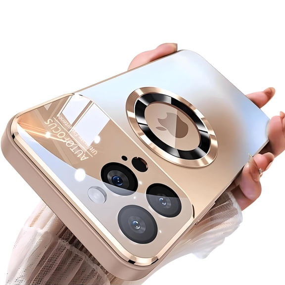 Dteck Magnetic Plating for iPhone 17 Pro Max Case, Compatible with MagSafe Accessory Drop Full Camera Lens Protector Large Window Logo View Dust-Proof Matte Shockproof Cover, Gold