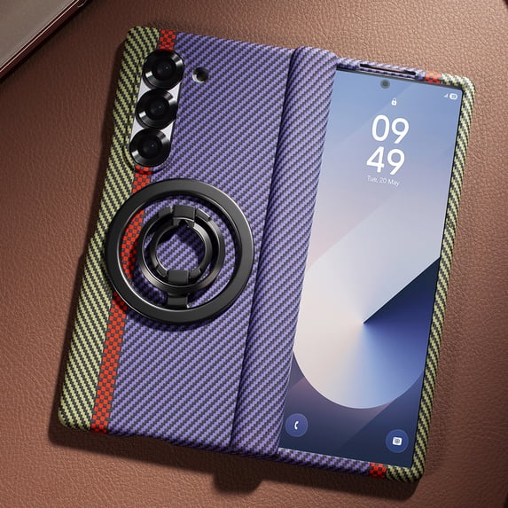 Dteck for Samsung Galaxy Z Fold 6 Case with Removable Magnetic Ring Stand, Military Grade Shockproof Case with Screen Protector, Carbon Fiber Texture Hinge Protection for Z Fold 6,Purple