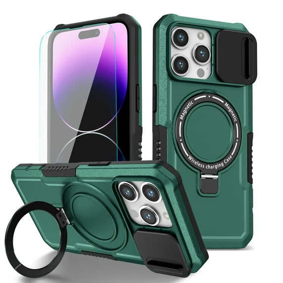 Dteck Magnetic Ring for iPhone 15 Pro Max Case with Invisible Stand, Compatible with MagSafe, Military Grade Drop Protection Heavy Duty Shockproof Bumper Protective Case, Deep Green