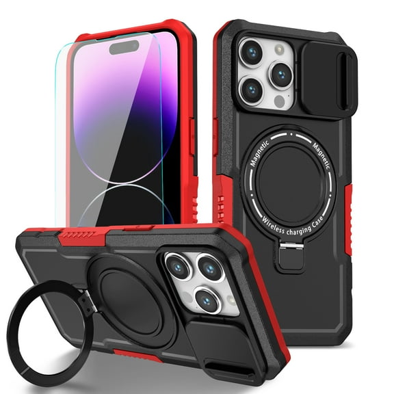 Dteck Magnetic Ring for iPhone 15 Pro Max Case with Invisible Stand, Compatible with MagSafe, Military Grade Drop Protection Heavy Duty Shockproof Bumper Protective Case,Black + Red