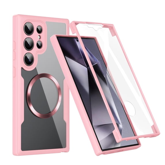 Dteck Magnetic for Samsung Galaxy S23 Ultra, Dustproof Design Compatible with MagSafe, Built-in Screen Protector Camera Protection Double Sided Clear Cover for Galaxy S23 Ultra,Pink
