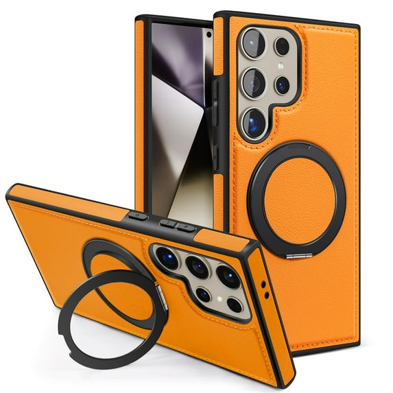 Dteck Magnetic for Samsung Galaxy S24 Ultra Leather Case,360° Adjustable Ring Stand Case Compatible with Magsafe Shockproof Protective Slim Phone Cover for Men Women,Orange