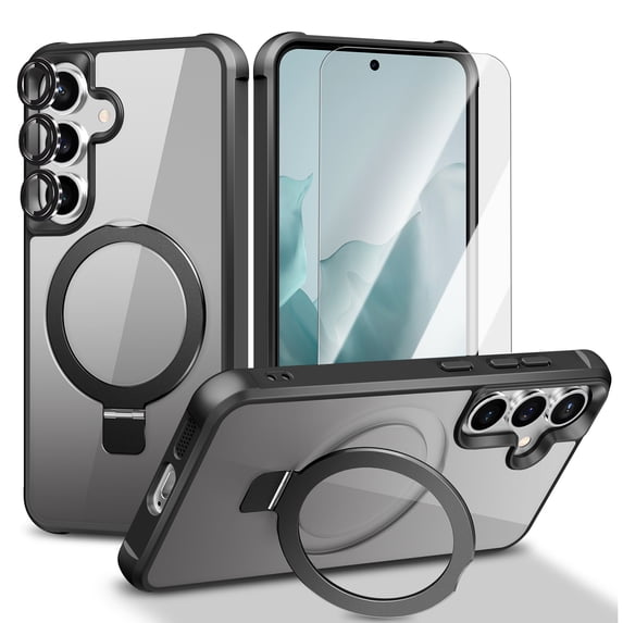 Dteck Magnetic for Samsung Galaxy S25 Case with Screen Protector Camera Lens Cover, Compatible with MagSafe, Military Grade Drop Ring Holder Translucent Slim Hard Back Soft Edge,Black