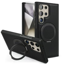 Dteck Magnetic for Samsung Galaxy S25 PU Leather Case with Screen Protector, 360-Degree Rotatable Ring Stand & Kickstand Compatible with MagSafe Accessory Phone Cover, Black