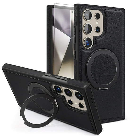 Dteck Magnetic for Samsung Galaxy S25 PU Leather Case with Screen Protector, 360-Degree Rotatable Ring Stand & Kickstand Compatible with MagSafe Accessory Phone Cover, Black