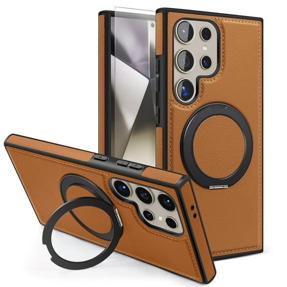 Dteck Magnetic for Samsung Galaxy S25 Plus PU Leather Case with Screen Protector, 360-Degree Rotatable Ring Stand & Kickstand Compatible with MagSafe Accessory Phone Cover, Brown