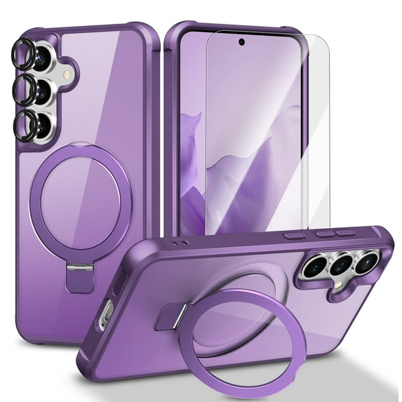 Dteck Magnetic for Samsung Galaxy S25+ / S25 Plus Case with Screen Protector Camera Lens Cover, Compatible with MagSafe, Military Grade Drop Ring Holder Translucent Slim Hard Back Soft Edge,Purple