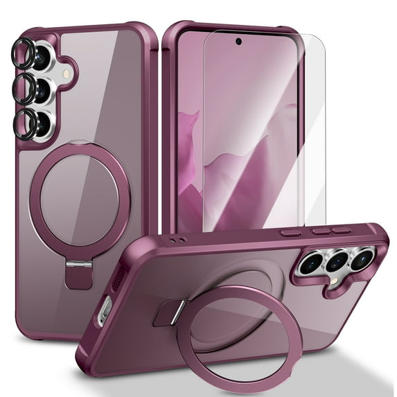 Dteck Magnetic for Samsung Galaxy S25+ / S25 Plus Case with Screen Protector Camera Lens Cover, Compatible with MagSafe, Military Grade Drop Ring Holder Translucent Slim Hard Back Soft Edge,Winered