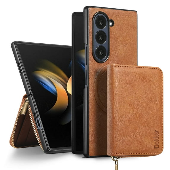 Dteck Magnetic for Samsung Galaxy Z Fold 3 Case with Detachable Wallet Zipper Pocket, Compatible with MagSafe, PU Leather Credit Card Holder Slot Protective Cover for Samsung Z Fold 3,Brown
