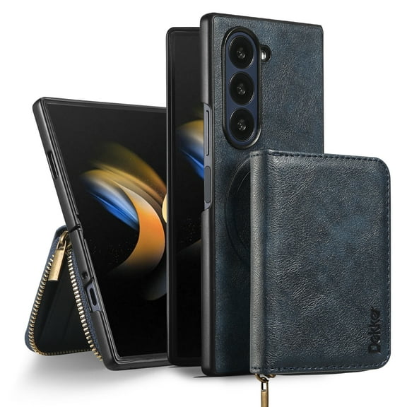 Dteck Magnetic for Samsung Galaxy Z Fold 5 Case with Detachable Wallet Zipper Pocket, Compatible with MagSafe, PU Leather Credit Card Holder Slot Protective Cover for Samsung Z Fold 5,Blue