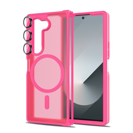 Dteck Magnetic for Samsung Galaxy Z Fold 6 Case with Camera Lens Cover, Translucent Matte Back Non-Slip Hard PC Shockproof Bumper Protective Phone Case Cover for Samsung Z Fold 6,Rose