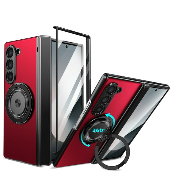 Dteck Magnetic for Samsung Galaxy Z Fold 6 Case with Tempered Glass Screen Protector & Hinge Protection, Metal Bracket Rotating Ring Kickstand Full Body Shockproof Protective Phone Cover,Red