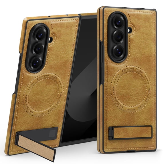 Dteck Magnetic for Samsung Galaxy Z Fold 7 Case with Stand, Compatible with Magsafe Accessory Built-in Invisible Kickstand Luxury PU Leather Anti Slip Slim TPU Shockproof Protective Case, Brown