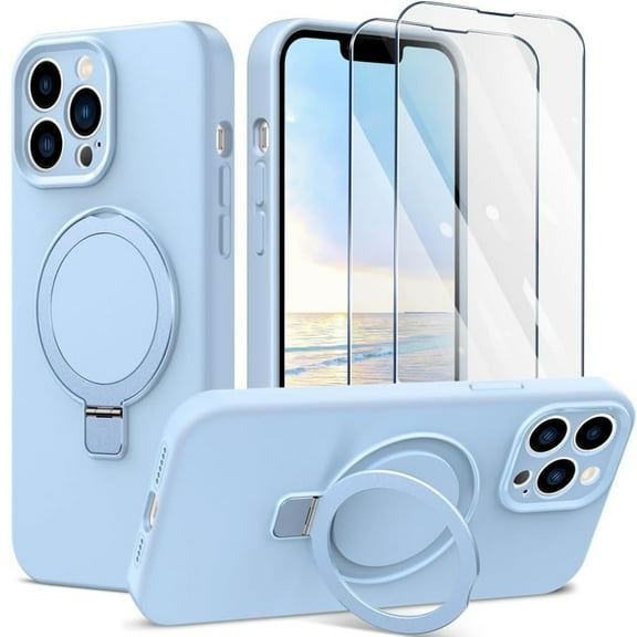 Dteck Magnetic Shockproof for iPhone 13 Pro Max Case with 2 Tempered Glass Screen Protector, Compatible with MagSafe, Built-in Foldable Stand Slim Fit Liquid Silicone Gel Cover,Blue