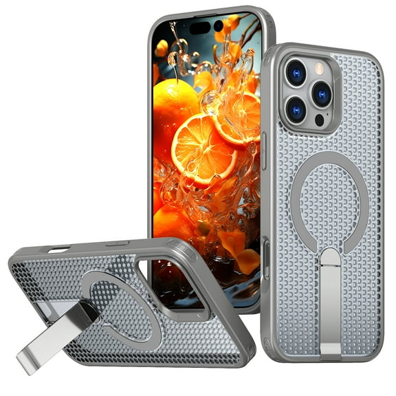 Dteck Magnetic Shockproof for iPhone 15 Case with Kickstand, Rugged Protective Cover with MagSafe Compatibility, Textured Grip, and Built-in Stand, Gray