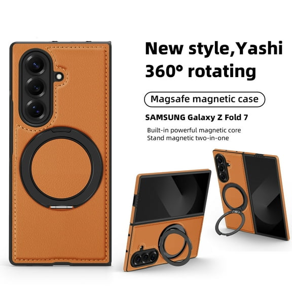 Dteck Magnetic Stand for Samsung Galaxy Z Fold 7 Case Compatible with MagSafe, Slim Grip Leather Military Drop Protection Shockproof Protection Invisible Kickstand Cover, Brown