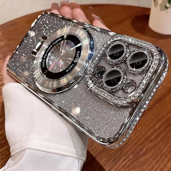 Dteck Magnetic Stand for iPhone 16 Pro Max Case, Compatible with Magsafe Built-in Camera Lens Protector Glitter Bling Paper & Soft TPU Diamonds Bumper Protection Cover for Women Girls,Silver