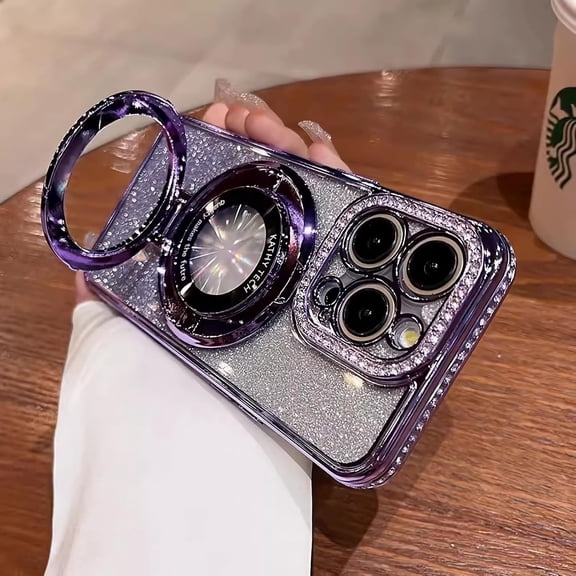 Dteck Magnetic Stand for iPhone 16 Pro Max Case, Compatible with Magsafe Built-in Camera Lens Protector Glitter Bling Paper & Soft TPU Diamonds Bumper Protection Cover for Women Girls,Purple