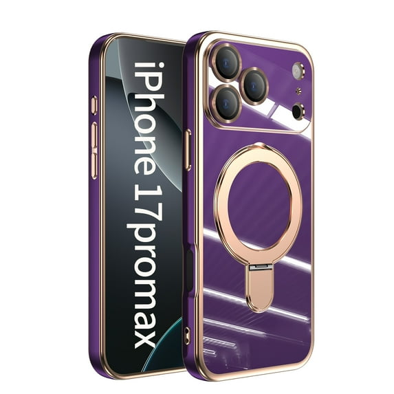 Dteck Magnetic Stand for iPhone 17 Pro Case, Plating Kickstand Compatible with Magsafe Built-in Camera Lens Protector Slim Phone Case with Stand Ring, Purple