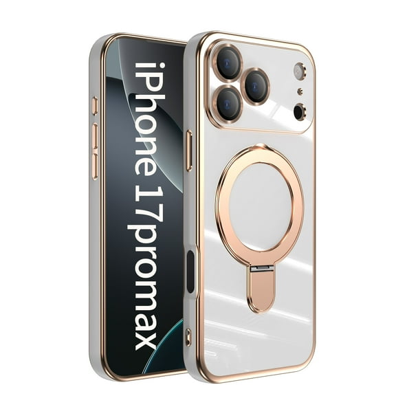 Dteck Magnetic Stand for iPhone 17 Pro Max Case, Plating Kickstand Compatible with Magsafe Built-in Camera Lens Protector Slim Phone Case with Stand Ring, White