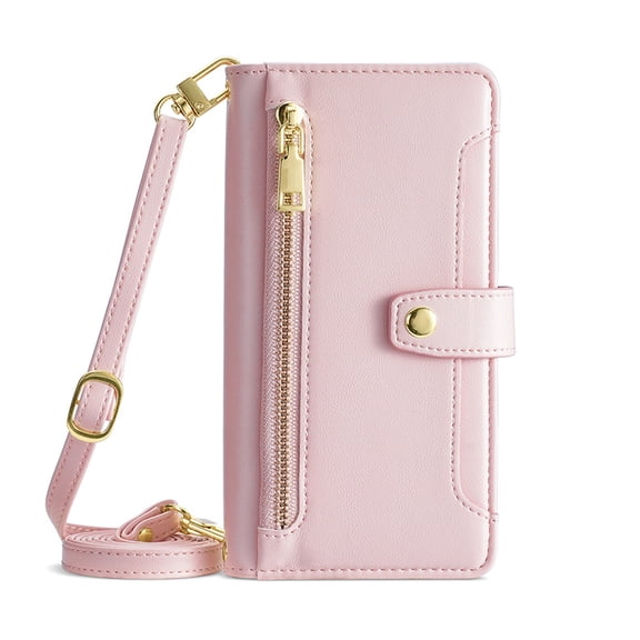 Dteck Magnetic Wallet Bag Case for Google Pixel 9 Pro XL,Shockproof Leather Zipper Wallet Case Kickstand Cover with Shoulder Strap/Wrist Strap for Google Pixel 9 Pro XL,Pink