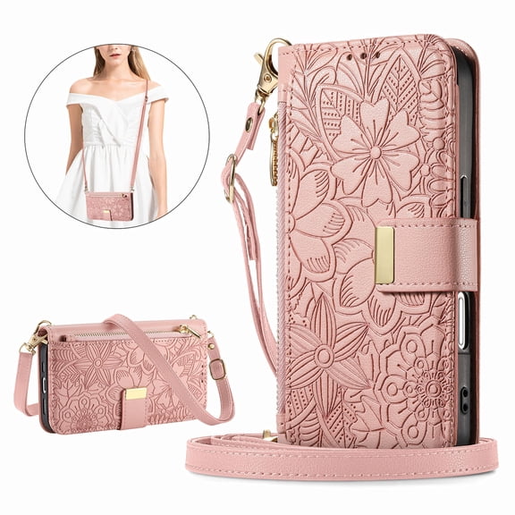 Dteck Magnetic Wallet Bag Case for Samsung Galaxy S26+,Flower Pattern Leather Card Slots Wallet Case with Wrist / Shoulder Straps Shockproof Kickstand Cover for Galaxy S26 Plus,Rosegold