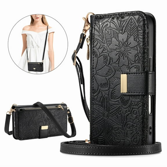 Dteck Magnetic Wallet Bag Case for Samsung Galaxy S26 Ultra,Flower Pattern Leather Card Slots Wallet Case with Wrist / Shoulder Straps Shockproof Kickstand Cover for Galaxy S26 Ultra,Black