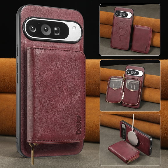 Dteck Magnetic Wallet Case for Google Pixel 10 /10 Pro Case, Shockproof PU Leather Wallet-RFID Blocking-2 in 1 Detachable Credit Card Holder-Shockproof Cover-Card Slots, Winered