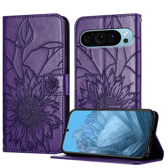 Dteck Magnetic Wallet Case for Google Pixel 10 Pro XL,Flower Pattern Leather Case Built-in Card Slots Shockproof Kickstand Cover for Google Pixel 10 Pro XL,Darkpurple