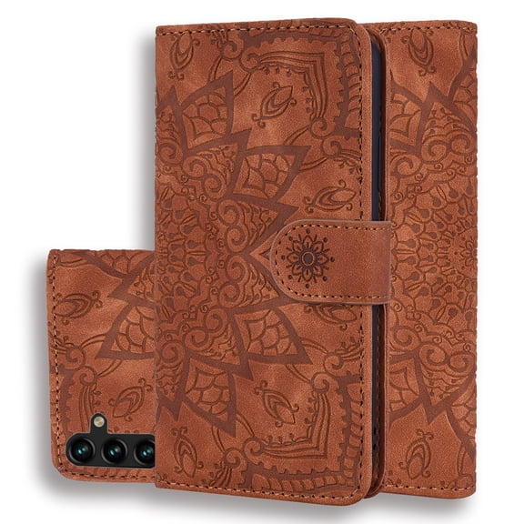 Dteck Magnetic Wallet Case for Samsung Galaxy A13 5G 2021,PU Leather Case Floral Pattern Embossed Purse Kickstand Flip Cover Card Holders Hand Strap for Samsung Galaxy A13 5G,Brown