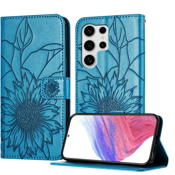 Dteck Magnetic Wallet Case for Samsung Galaxy S25 Ultra,Flower Pattern Leather Case Built-in Card Slots Shockproof Kickstand Cover for Samsung Galaxy S25 Ultra,Blue