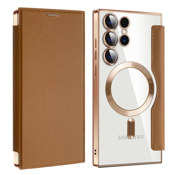 Dteck Magnetic Wallet Case for Samsung Galaxy S25 Ultra,Shockproof Leather Card Slots Case Built-in Camera Lens Protector Plating TPU Compatible with Mag Safe Back Cover for Galaxy S25 Ultra,Brown
