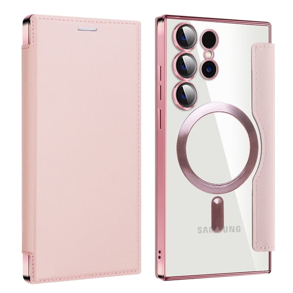 Dteck Magnetic Wallet Case for Samsung Galaxy S25 Ultra,Shockproof Leather Card Slots Case Built-in Camera Lens Protector Plating TPU Compatible with Mag Safe Back Cover for Galaxy S25 Ultra,Pink