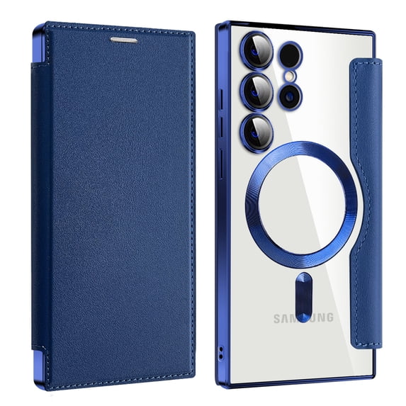 Dteck Magnetic Wallet Case for Samsung Galaxy S25 Ultra,Shockproof Leather Card Slots Case Built-in Camera Lens Protector Plating TPU Compatible with Mag Safe Back Cover for Galaxy S25 Ultra,Darkblue