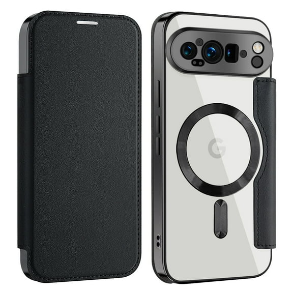 Dteck Magnetic Wallet Case for Google Pixel 10 Pro XL,Shockproof Leather Card Slots Case Plating TPU Compatible with Mag Safe Back Cover,Black