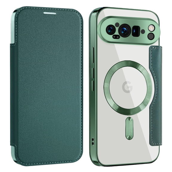 Dteck Magnetic Wallet Case for Google Pixel 10 Pro XL,Shockproof Leather Card Slots Case Plating TPU Compatible with Mag Safe Back Cover,Darkgreen