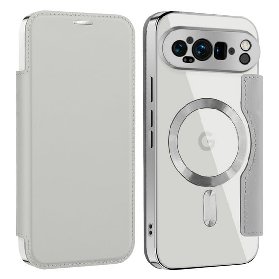 Dteck Magnetic Wallet Case for Google Pixel 9 Pro XL,Shockproof Leather Card Slots Case Plating TPU Compatible with Mag Safe Back Cover,Grey
