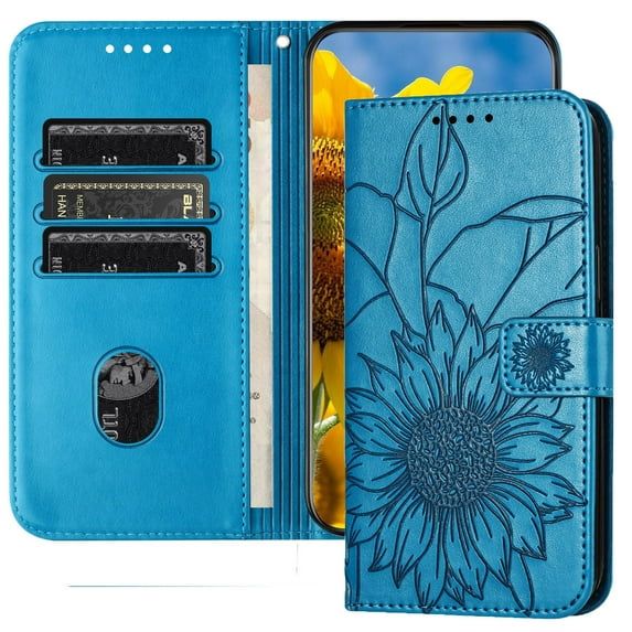 Dteck Magnetic Wallet Case for iPhone 13,Flower Pattern Leather Case Built-in Card Slots Shockproof Kickstand Cover for iPhone 13,Blue