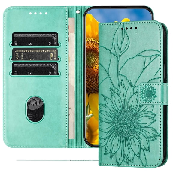 Dteck Magnetic Wallet Case for iPhone 13,Flower Pattern Leather Case Built-in Card Slots Shockproof Kickstand Cover for iPhone 13,Green