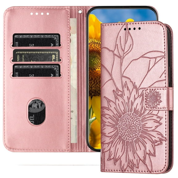 Dteck Magnetic Wallet Case for iPhone 13,Flower Pattern Leather Case Built-in Card Slots Shockproof Kickstand Cover for iPhone 13,Rosegold