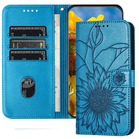 Dteck Magnetic Wallet Case for iPhone 14,Flower Pattern Leather Case Built-in Card Slots Shockproof Kickstand Cover for iPhone 14,Blue